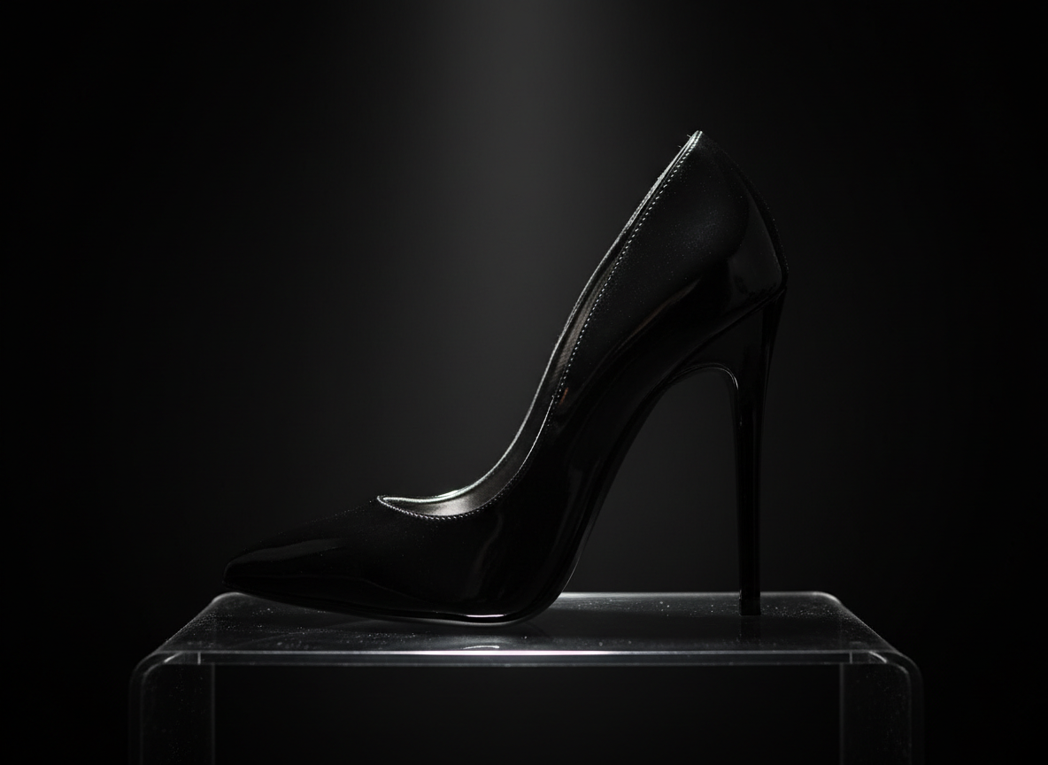 A dramatic close-up of a single stiletto heel, crafted from glossy black patent leather with razor-sharp contours and a towering, needle-thin heel. The shoe stands alone on a sleek, reflective black acrylic surface that mirrors its silhouette. A narrow beam of studio spotlight from above and slightly behind carves out hard highlights along the arch and heel, leaving the background in deep shadow. The mood is bold, seductive, and high-fashion. Shot at a low, side-on angle with a shallow depth of field so the pointed toe falls slightly out of focus, emphasizing the fierce curve of the instep. Photographic realism with a clean, modern aesthetic suited for a luxury footwear brand homepage.