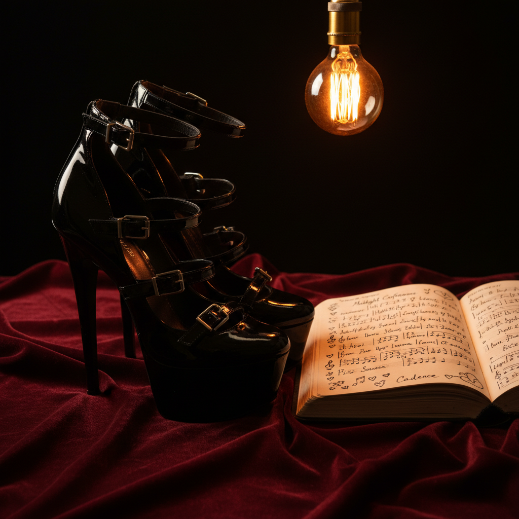 An intimate, moody tabletop scene featuring a pair of strappy black patent fetish heels with ultra-tall heels and intricate buckle details, resting beside an open, handwritten lyrics journal. The journal pages are filled with bold, flowing ink lines and occasional doodled hearts and musical symbols. They lie on a dark velvet cloth that catches soft folds and shadows. A single warm Edison bulb hangs above, casting a golden pool of light that highlights the glossy shoes and the fresh ink sheen, while the background melts into inky black. The mood is private, creative, and daring, like a late-night writing session. Shot from a slightly elevated, close perspective with shallow depth of field, focusing on the nearest heel and a few sharp words on the page. Photographic realism with a sensual, intimate aesthetic.