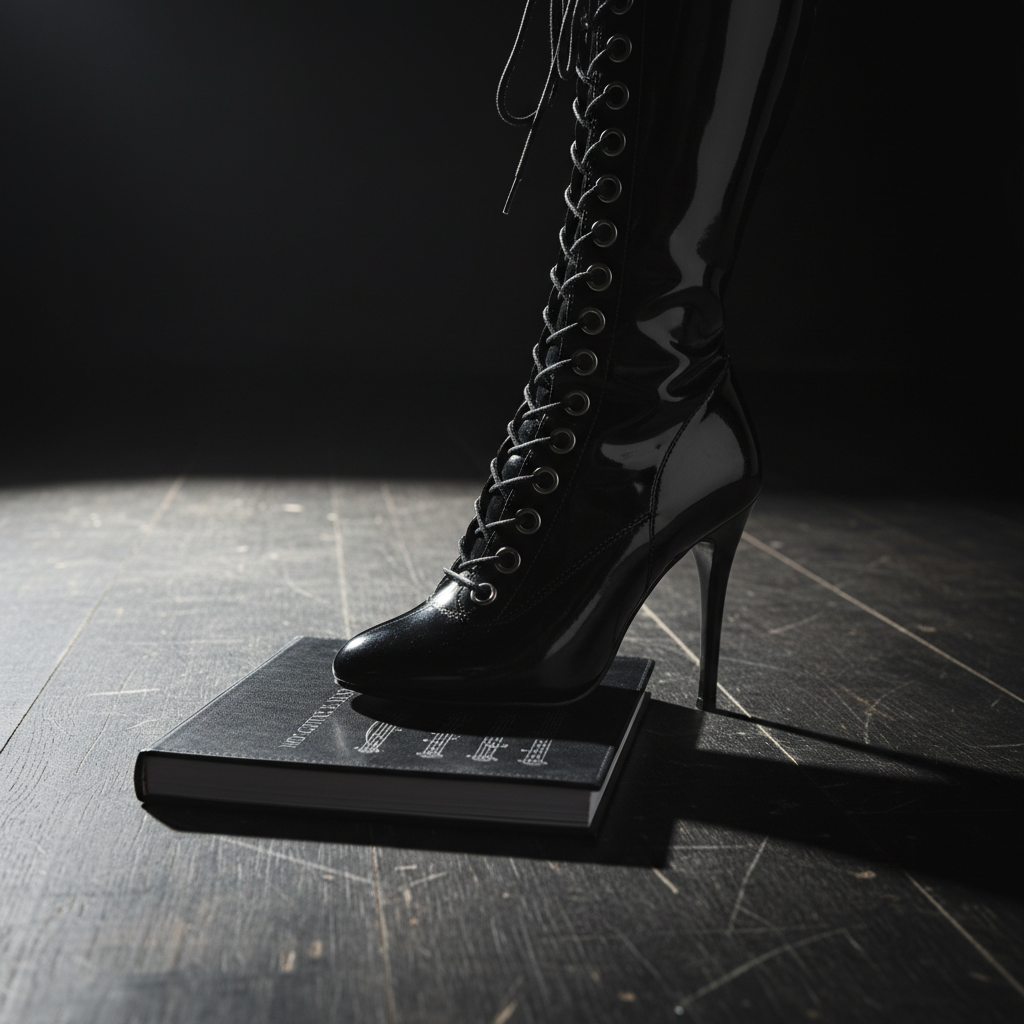 A single over-the-knee boot in jet-black, high-gloss latex, dramatically laced with oversized metal eyelets and a forbidding spike heel, set diagonally across a matte black leather-bound notebook embossed with subtle musical notes. Both rest on a dark wood stage floor with visible grain and faint scuff marks. A hard, white spotlight from stage left slices across the scene, throwing deep, elongated shadows and creating intense specular highlights on the latex. The background fades into velvety darkness, suggesting a performance space just beyond view. The atmosphere is theatrical, lyrical, and unapologetically bold. Captured from a low, close angle along the line of the boot, with shallow depth of field so the notebook title softens but remains legible. Photographic realism with a sultry, performance-inspired style.