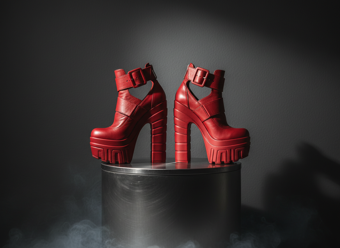 A pair of crimson leather platform heels with thick, sculpted soles and bold ankle straps, posed in a powerful V shape atop a brushed metal pedestal. The background is a matte charcoal wall with a subtle gradient, giving the scene depth without distraction. A strong, directional side light creates crisp shadows and intense highlights on the textured leather, accentuating every curve and edge. Wisps of theatrical fog wrap around the base, adding a moody, edgy atmosphere. Captured at eye level with the heels centered but slightly rotated, the composition feels confrontational and confident. Photographic realism with high contrast and saturated color, perfect for a bold, provocative hero image about heels and attitude.