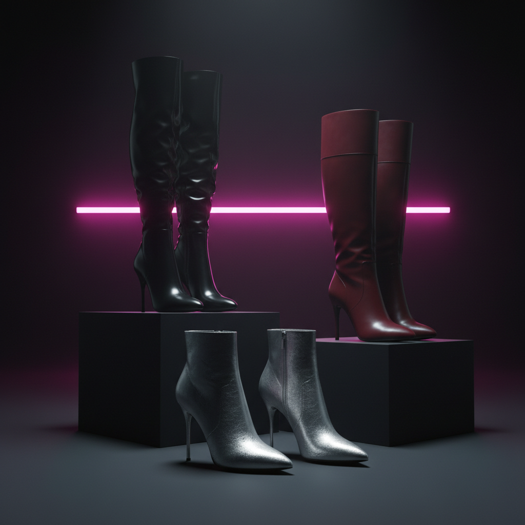 An artful arrangement of diverse boots—sleek black thigh-highs in glossy latex, burgundy knee-high leather boots with stiletto heels, and short, sharp-heeled ankle boots in metallic silver—displayed on staggered black cube plinths. The set sits in a dark studio space, with a neon magenta light bar behind them creating a vivid halo and subtle reflections. A cool white spotlight from the front rakes across the materials, revealing rich textures and gleaming surfaces. The mood is avant-garde and rebellious, like an album cover for footwear. Shot from a slightly elevated three-quarter angle, using rule-of-thirds framing and a shallow depth of field to keep the front pair razor-sharp while the back softly blurs. Photographic realism with a bold, nightclub-inspired aesthetic.