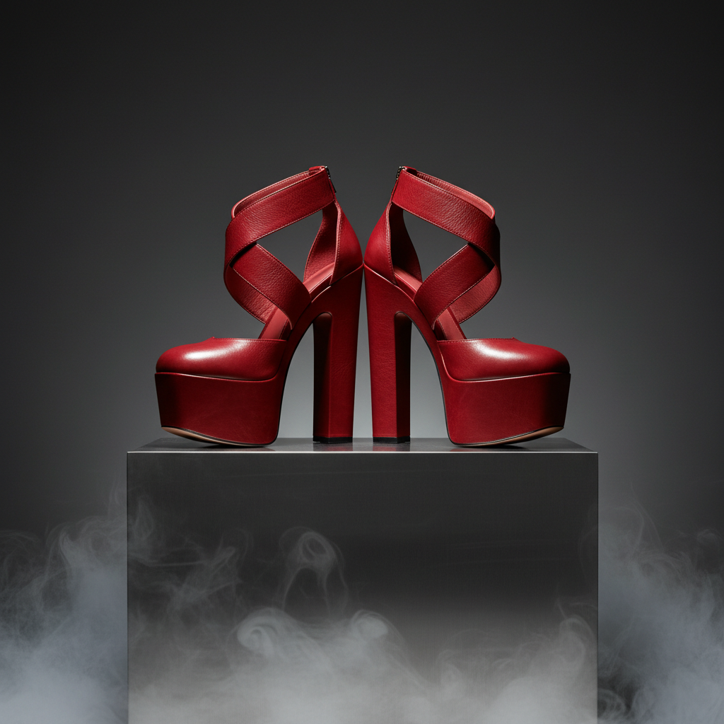 A pair of crimson leather platform heels with thick, sculpted soles and bold ankle straps, posed in a powerful V shape atop a brushed metal pedestal. The background is a matte charcoal wall with a subtle gradient, giving the scene depth without distraction. A strong, directional side light creates crisp shadows and intense highlights on the textured leather, accentuating every curve and edge. Wisps of theatrical fog wrap around the base, adding a moody, edgy atmosphere. Captured at eye level with the heels centered but slightly rotated, the composition feels confrontational and confident. Photographic realism with high contrast and saturated color, perfect for a bold, provocative hero image about heels and attitude.